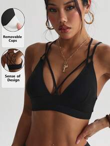 Women's Solid Color Removable Padding V-Neck Criss-Cross Back Knit Sports Bra, Black, Autumn - Black - View 1