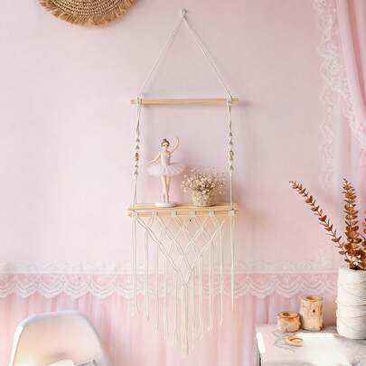 1 chiếc tranh treo tường Macrame, kệ trang trí tường phong cách Boho, giá để đồ, kệ trang trí tường phòng khách, phòng ngủ, tranh nghệ thuật sợi tua rua dệt thủ công - Không bao gồm các vật dụng trang trí và cây cảnh.