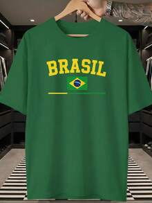 Unisex T-Shirt Supporting The Brazilian National Football Team, Flag, Stripes, Short Sleeve, Men's And Women's, 100% Cotton, Casual, Crew Neck - màu xanh lá - Xem 1