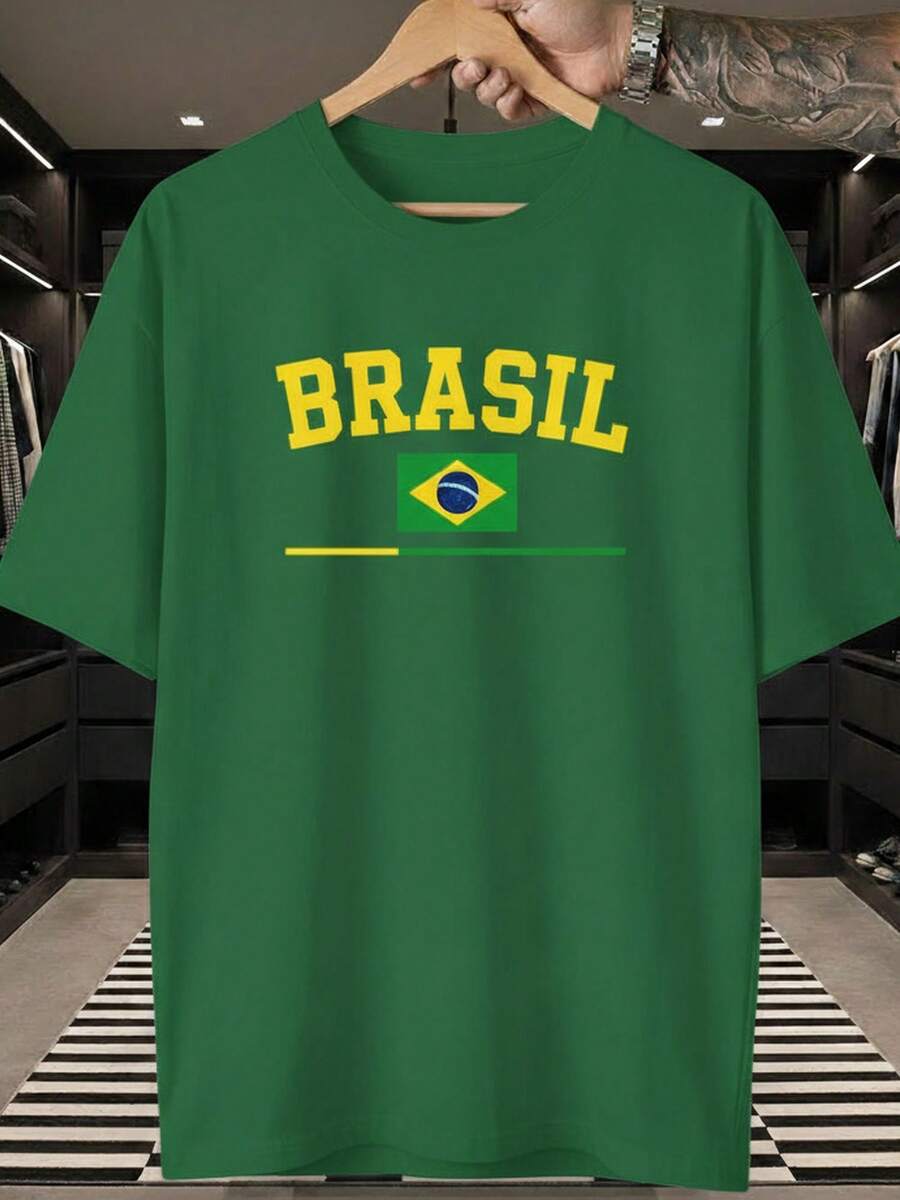 Unisex T-Shirt Supporting The Brazilian National Football Team, Flag, Stripes, Short Sleeve, Men's And Women's, 100% Cotton, Casual, Crew Neck - màu xanh lá - Xem 1