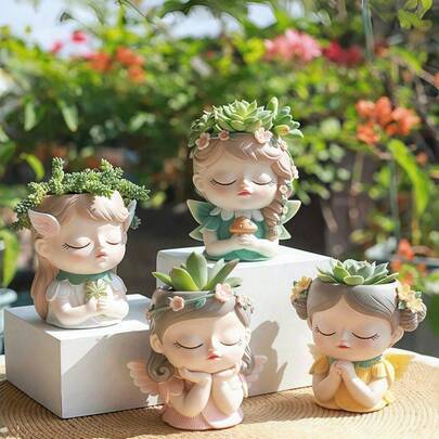 A Cute Girl's Flower Pot, Exquisite Resin Sculpture Flower Pot, Suitable For Home And Garden Decoration, Cactus And Succulent Plant Pot, A Gift For Female Plant Lovers.