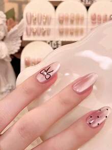 This Nail Sticker Set Includes 30 Short Coffin-Shaped Nail Tips, Featuring A French High-End Nude Polka Dot Bow Design In A Japanese And Korean Style. It Comes With 1 Jelly Glue And 1 Anti-Slip Sticker, Instantly Elevating Your Nail Look. Suitable For Parties, Proms, And Daily Casual Wear, It Is Removable And Reusable Press On Nails - Multicolor - View 2