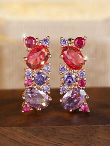 Vanel 1 Pair Rose Gold Multicolor Purple Cubic Zirconia Earrings, Ombre CZ Dangle Earrings, Fashion Jewelry For Daily Wear And Party - Golden Yellow-multicolor - View 4