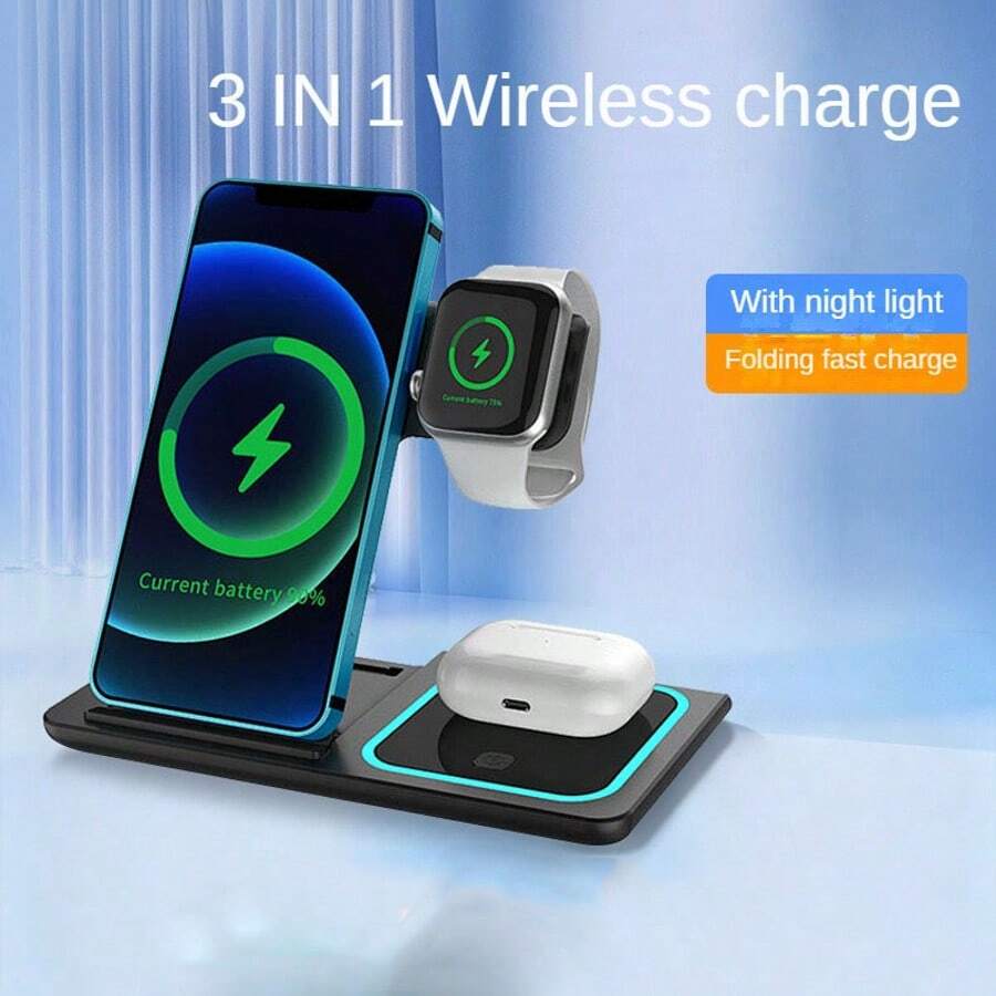 15W Wireless Charging Station, Foldable & Portable, 3-In-1 Fast Charging, USB-C Port, Multi-Color Options