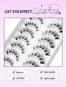 Asiteo 10 Pairs Cartoon Cat Eye Style False Eyelashes, Transparent Band Natural Style Extended Full Strip Faux Mink Eyelashes - 黑色 - 查看 4