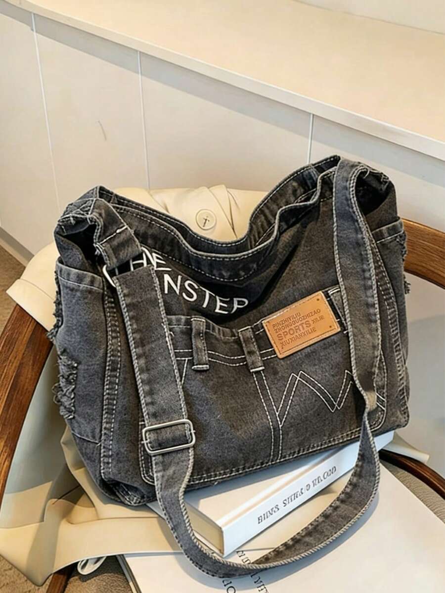 Túi đeo chéo hình lưỡi liềm bằng vải denim tối giản mới, có túi nhỏ bên trong, trang trí chữ cái, túi đeo vai nhẹ với dây đeo có thể điều chỉnh, túi đeo chéo màu trơn giản dị, túi hình lưỡi liềm thời thượng, dành cho nữ, vải giặt mài, phong cách denim đường phố, ba lô sinh viên. - màu đen - Xem 1