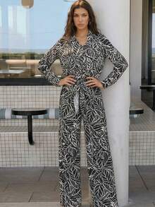 Bộ đồ 2 mảnh ZIAI dành cho nữ, áo thun dài tay cổ chữ V tay rớt vai in họa tiết lá cây và quần cạp chun, bộ đồ thun đi nghỉ mát mùa thu/đông. - màu đen - Xem 6