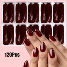 120pcs Red Almond-Shaped Medium Length High Heel Fake Nails With Pre-Applied Tips| ABS Material, Glossy Finish, Suitable For Women And - 120 chiếc đinh tán hình quả hạnh màu đỏ rượu vang - Xem 2