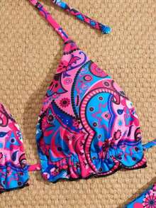 Bộ bikini kiểu dáng giản dị, hở lưng, họa tiết paisley dành cho nữ, có dây buộc phía sau và chất liệu vải co giãn cao. - Màu Hồng Tươi - Xem 7