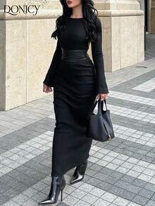 DONICY 女士纯色修身长款圆领连衣裙，适合休闲、居家、外出、摄影和购物等场合。 - 黑色 - 查看 5