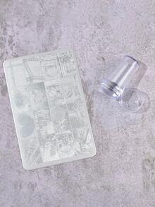 1 片牛仔布纹理美甲印花板，1 个带盖美甲印章和刮刀工具套装 - 銀色 - 查看 2