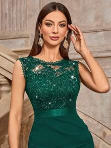 MIUSOL Đầm cocktail không tay cổ tròn ôm sát, đính sequin và ren hoa, kiểu dáng thanh lịch dành cho nữ mùa hè. - Màu xanh lá cây đậm - Xem 10