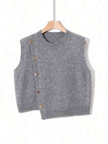 1pc Solid Color Short Round Neck Asymmetrical Button Accessory Design Fashion Sleeveless Sweater Vest, Versatile Knit Waistcoat Summer - 灰色 - 查看 8