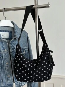 灯芯绒纯色波点颗粒休闲简约大容量轻便多功能女士腋下单肩包、流浪包、新月形拉链袋 - 黑色 - 查看 8