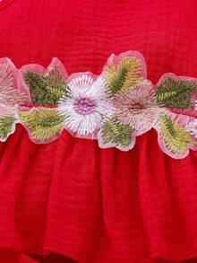 Vintage Embroidered Floral Trim Camisole Top And Minimalist Triangle Bottoms Set, Summer - Red - View 4