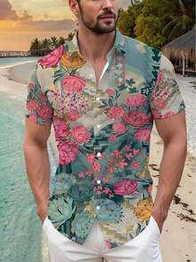 Vivid Tropical Lotus And Floral Pattern Symbolizing Harmony And Vitality Men'S 3D Print Short Sleeve Casual Button Down Summer Beach Shirt - 白色 - 查看 4