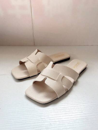 Women's Flat Slide Sandals, Fashion Square Toe Crocodile Embossed Floral Design, Beige Color, Suitable For Dresses In Summer