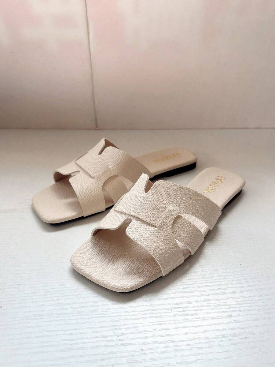 Sandalias planas deslizantes para mujer, diseño floral con estampado de cocodrilo de punta cuadrada, color beige, adecuadas para vestidos en verano - Beis - Ver 1
