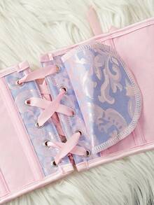 Sweet Pink & Blue Jacquard Waist Belt, Overlay Design With Back Tie, Slip-Resistant Metal Buckle, Versatile Slimming Waist Accessory, Corset - Powder Blue - View 4