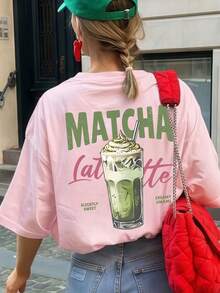1 pieza Camiseta de manga corta y cuello redondo holgada para mujer en verano, con estampado gráfico con tema de Matcha Latte, adecuada para vacaciones, oficina, salidas, uso diario, citas, fiestas, reuniones, calle, festivales, festivales de música, San Valentín, ocasiones casuales en color rosa - verde hierba - Ver 8