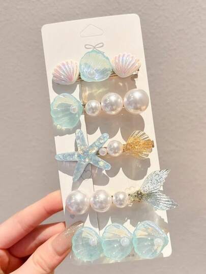 5pcs Women's Blue Starfish Shell Mermaid Tail Hair Clip, Ocean Vacation Hair Clip, Duckbill Clip, Mermaid Princess Iridescent Pearl Romantic Hair Clip, Suitable For Everyday Use,Summer,Holiday,Travel
