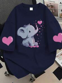Heart-Shaped Elephant Print Round Neck Plain Women's T-Shirt, Plus Size Women's Casual Summer Fashion Short Sleeve, Suitable For Summer Vacation, Beach, Holiday, Spring, Valentine's Day - Navy Blue - View 1