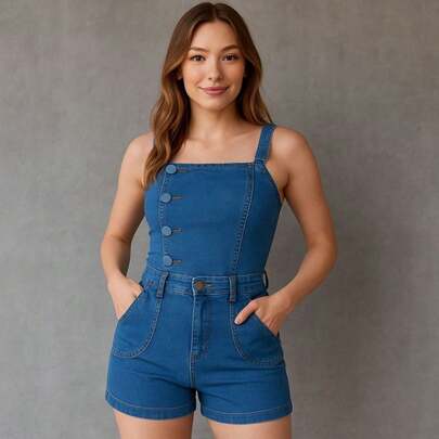 Macaquinho Jeans Lycra delave Jeans Feminino meia coxa Envio Imediato