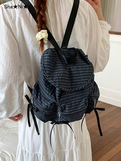 2026 New Korean & Japanese Style Large Capacity Bow Plaid Casual Backpack, Fashion College Student Commuter Bag