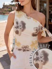 Blusa corta sin mangas con estampado floral asimétrico y lazo de LOVE JOYY, adecuada para citas de verano, vacaciones y estilo casual de calle - Multicolor - Ver 4