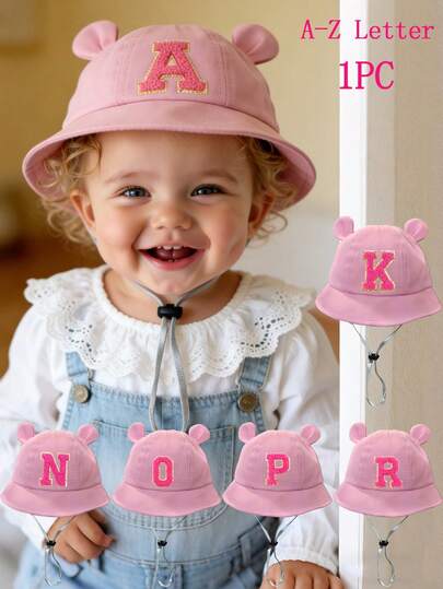 1pc Cute Ear Design Baby Bucket Hat, Children A-Z Letter Print Sun Hat, Casual Style With Adjustable Wind Strap, Suitable For Outdoor Beach Sun Protection
