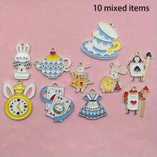 5/10件珐琅饰品，兔子、扑克牌、茶壶、钟表吊坠，合金材质，DIY项链手链制作材料，美国（7月4日）、万圣节、字母 - 吊墜 - 查看 11