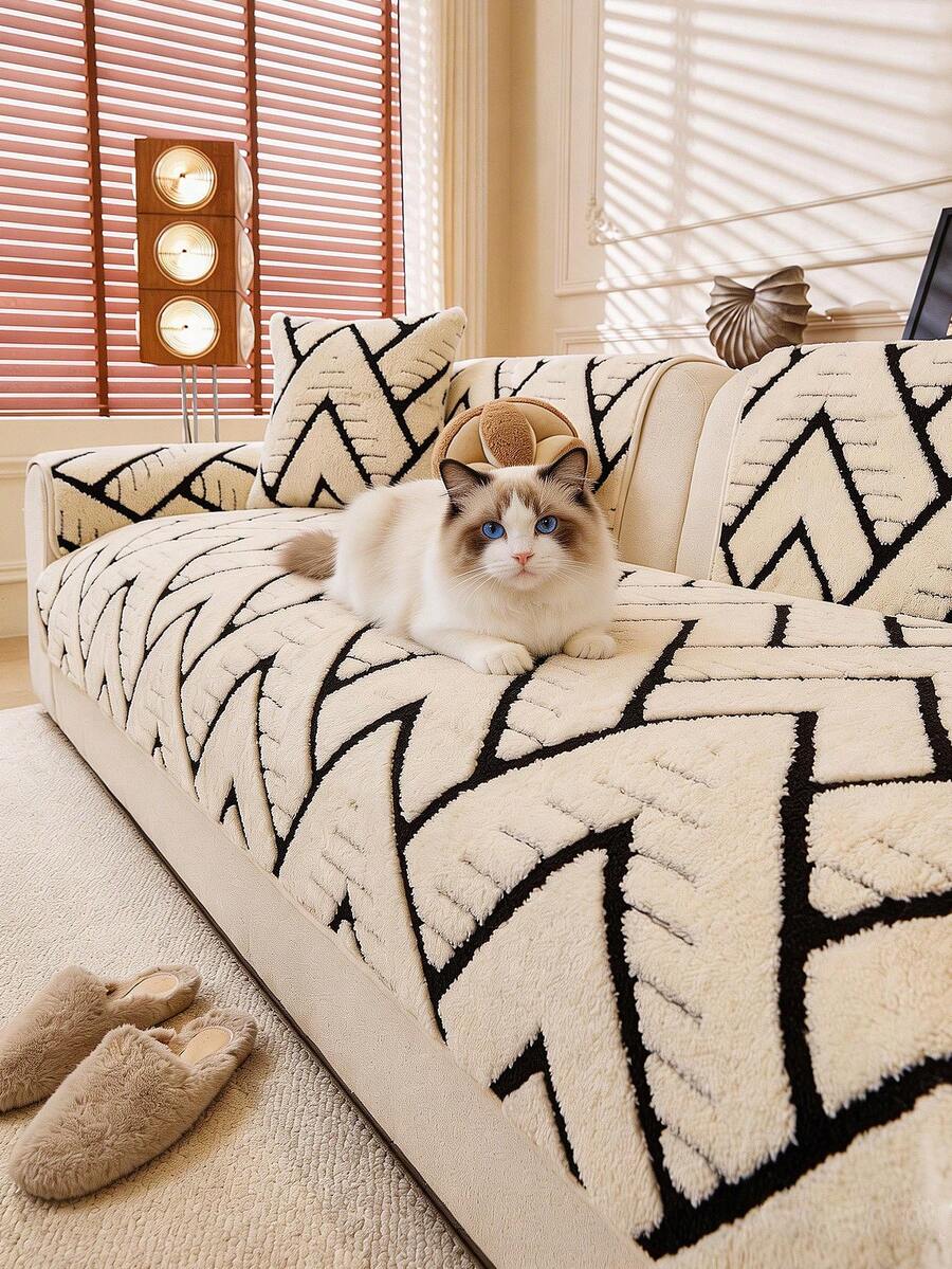 1 chiếc đệm sofa bằng vải jacquard mềm mại, chống trượt và chống mài mòn, chống bám bẩn và chống trầy xước do thú cưng, phù hợp sử dụng quanh năm cho phòng khách và phòng ngủ, có thể giặt máy. - Đen và trắng - Xem 1