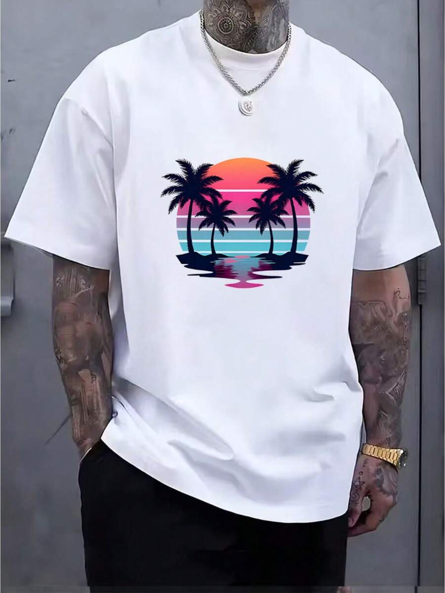 Magliette estive da uomo: T-shirt da uomo con stampa di palme e tramonto tropicale - una maglietta casual a maniche corte in poliestere morbido ed elasticizzato, traspirante, dai colori vivaci, lavabile in lavatrice, vestibilità regolare, adatta per la spiaggia e le attività all'aperto, abbigliamento da spiaggia, t-shirt in cotone, da uomo, t-shirt da uomo, streetwear - Bianco - Visualizzare 1