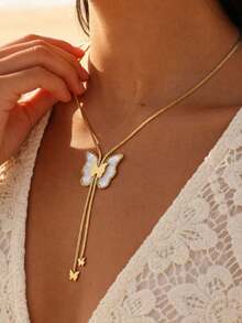 18K镀金珍珠母贝心形流苏项链，波西米亚风金色夏季海滩度假不锈钢精致蛇骨Y形项链，女士款 - 金色 - 查看 10