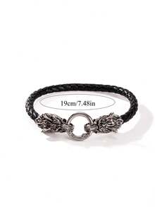 1pc Men's Punk Wolf Head Viking Leather Bracelet, 19/21/23cm - Multicolor - View 9