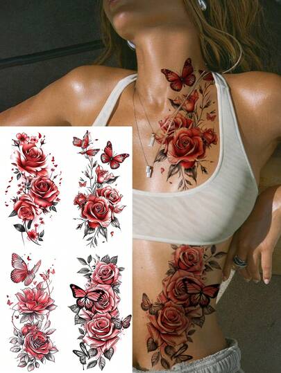 4 Sheets Big Size Body Art Temporary Tattoo Stickers For Women, Light Red Butterfly Flowers Mixed Pattern, Waterproof Fake Tattoo, Lasts 2-5 Days, Covering Scars,Can Be Used On Arms Wrist Shoulders Legs Waist Neck Hand Chest Thighs Finger Ankle, Suitable For Parties, Gifts, Vacations, Body Decoration