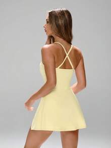 Sujetador desmontable y pantalones cortos con diseño de control de abdomen, vestido multifuncional de yoga a calle con diseño de protección de privacidad - Amarillo - Ver 6