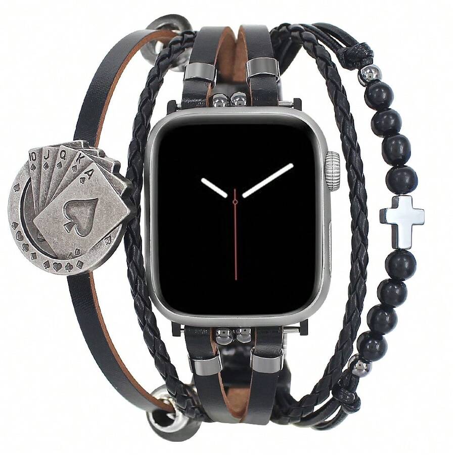 1pc Creative Metal Band, Designed With Metal Chain And Woven Leather Strap, Adding Elegant And Refined Touch, Compatible With Apple Watch Ultra/SE/Series 10/9/8/7/6/5/4/3/2/1, Size 38/40/41/42/44/45/49mm, 42/46mm For Series 10 - Playing Cards - View 1