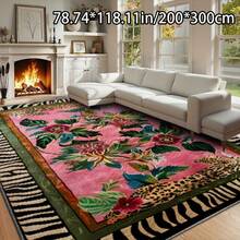 Floral Carpet |   Bright Pink, Green, And Blue Floral Designs, Paired With A Black Leopard Print Border, Suitable For Indoor And Outdoor Use - 1PC - View 2