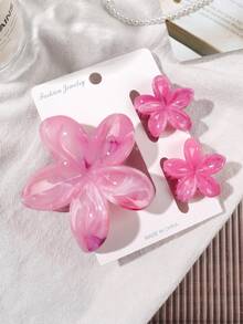 3件套覆盆子粉色亮面大理石纹扎染多层雏菊发夹套装，清新春日浪漫少女柔美活力风，适合海滩、派对、野餐等夏季装扮，爪夹沙滩配饰度假必备 - 彩色 - 查看 3