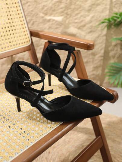 Early Spring New Lace-Up Pointed Toe High Heel Shoes, Women's Black Stiletto Versatile Hollow Out Pumps, French Classic Everyday Wear