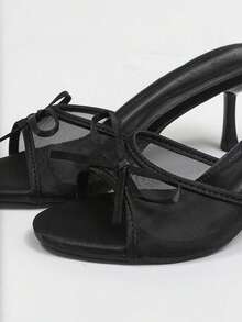 Women's Mesh Breathable Open Toe High Heel Sandals With Bowknot Thin Heels, Summer New Fashionable Versatile Commuting Vacation Fairy Style Sandals - Black - View 5