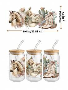 4件套 16盎司玻璃杯UV DTF转印贴纸（9.4x4.3英寸），无需加热，西部牛仔靴马吉他南方风情，长角牛头骨多肉植物花卉包装，防水摩擦贴纸DIY礼物 - Western Cowgirl 05 - 查看 5