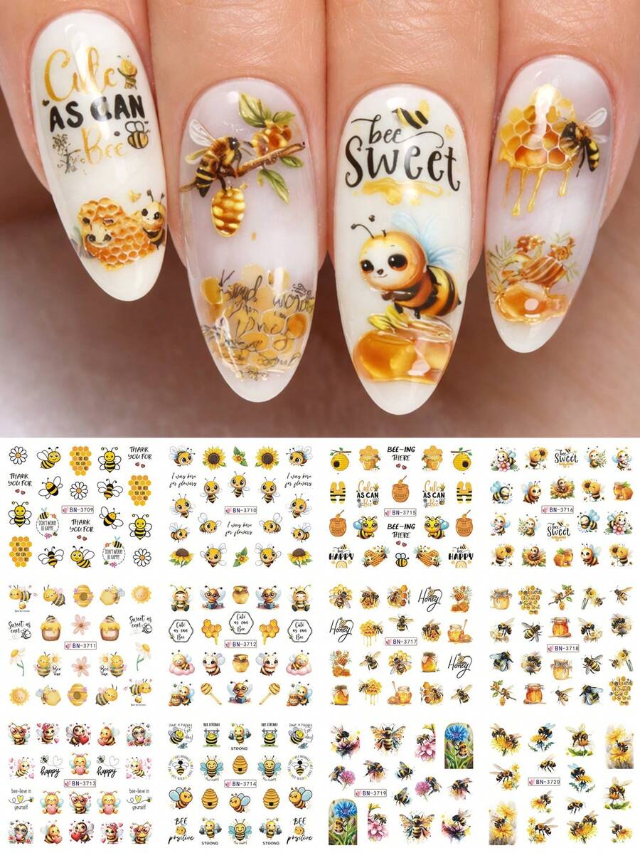 12款卡通蜜蜂美甲贴纸，可爱黄色蜜蜂、蜂蜜、蜂巢、向日葵、雏菊花瓣，春夏花卉图案及动物DIY可爱水转印贴纸，美甲装饰，女士及女孩美甲用品 - 彩色 - 查看 1