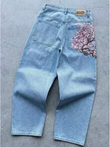 Fashionable Dark Blue Jeans With Cherry Blossom Pocket Design, Slimming Straight-Leg Pants - màu đen - Xem 8