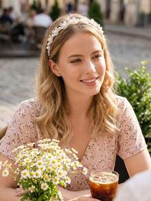 1件双层合金细发箍，饰以仿珍珠和花朵，甜美发饰，女士发箍，发圈，发绳 - 彩色 - 查看 11