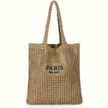 A Women'S Knitted Tote Bag - Paris Letter Opening Shoulder Bag, Breathable Beach & Travel Bag, Hand Washable Fabric, Casual Shopping Accessory, Durable Woven Design, Exclusive For Fashion Enthusiasts - 卡其色 - 查看 5