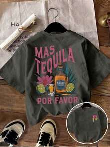 Nuevas  de moda: Camiseta casual de mujer INAWLY con estampado de hojas de limón y letras, cuello redondo, para primavera/verano, diseño Tequila Sunrise Cocktail Margarita Glass Beverage. - Gris 2 - Ver 5