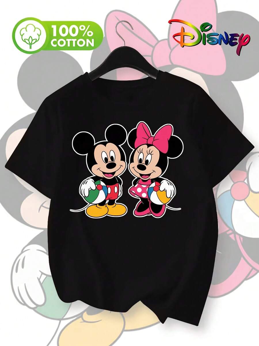 Women's 100% Cotton Black Short Sleeve T-Shirt With Adorable Disney Couple Print Featuring Mickey Mouse And Minnie Mouse Holding Colorful Balls, Classic Character Graphic Tee For Casual Outfit, Disney Shirts, Summer Outfits For Women, Spring Outfits For Women, Officially Licensed Disney T-Shirts, Disney Men's And Women's Spring/Summer Fashion Casual Short-Sleeve T-Shirts - 黑色 - 查看 1