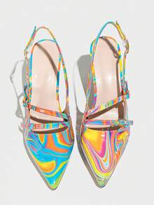 Sandalias de tacón grueso con punta puntiaguda y tira trasera de colores para mujer, versátiles y adecuadas para banquetes y fiestas con tacones altos - Azul multicolor - Ver 4
